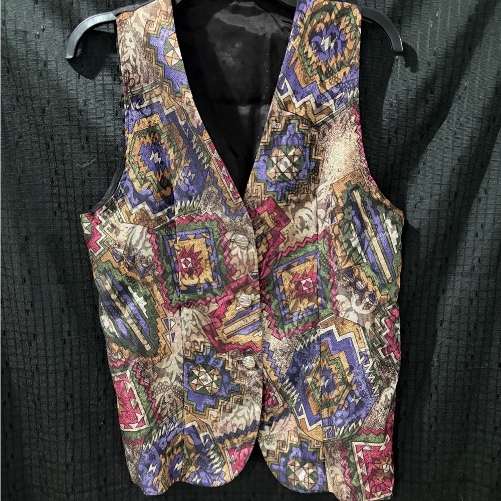 Vintage Toby Geometric Tapestry Vest Size 8 Multicolor Button Front USA Made